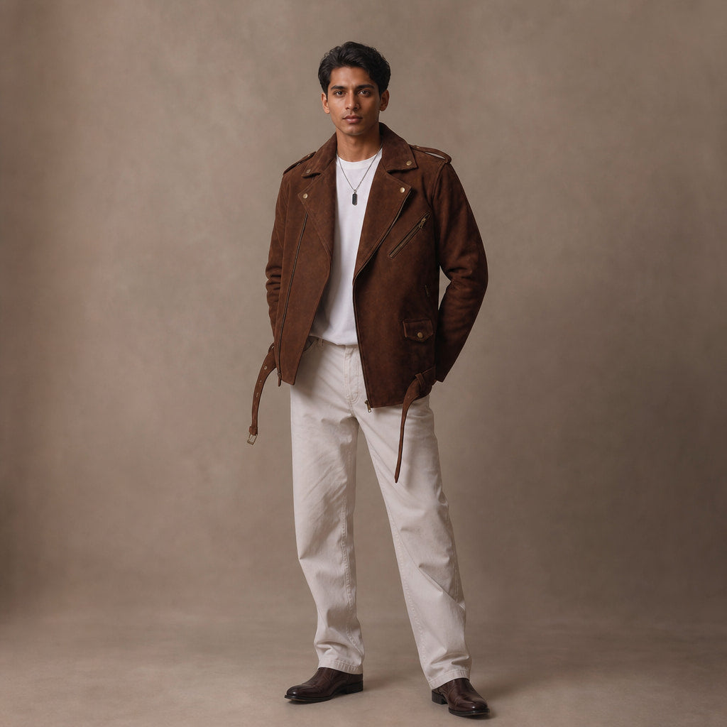 Loaded Dark Brown Suede Leather Biker Jacket For Men Brown – Full Look