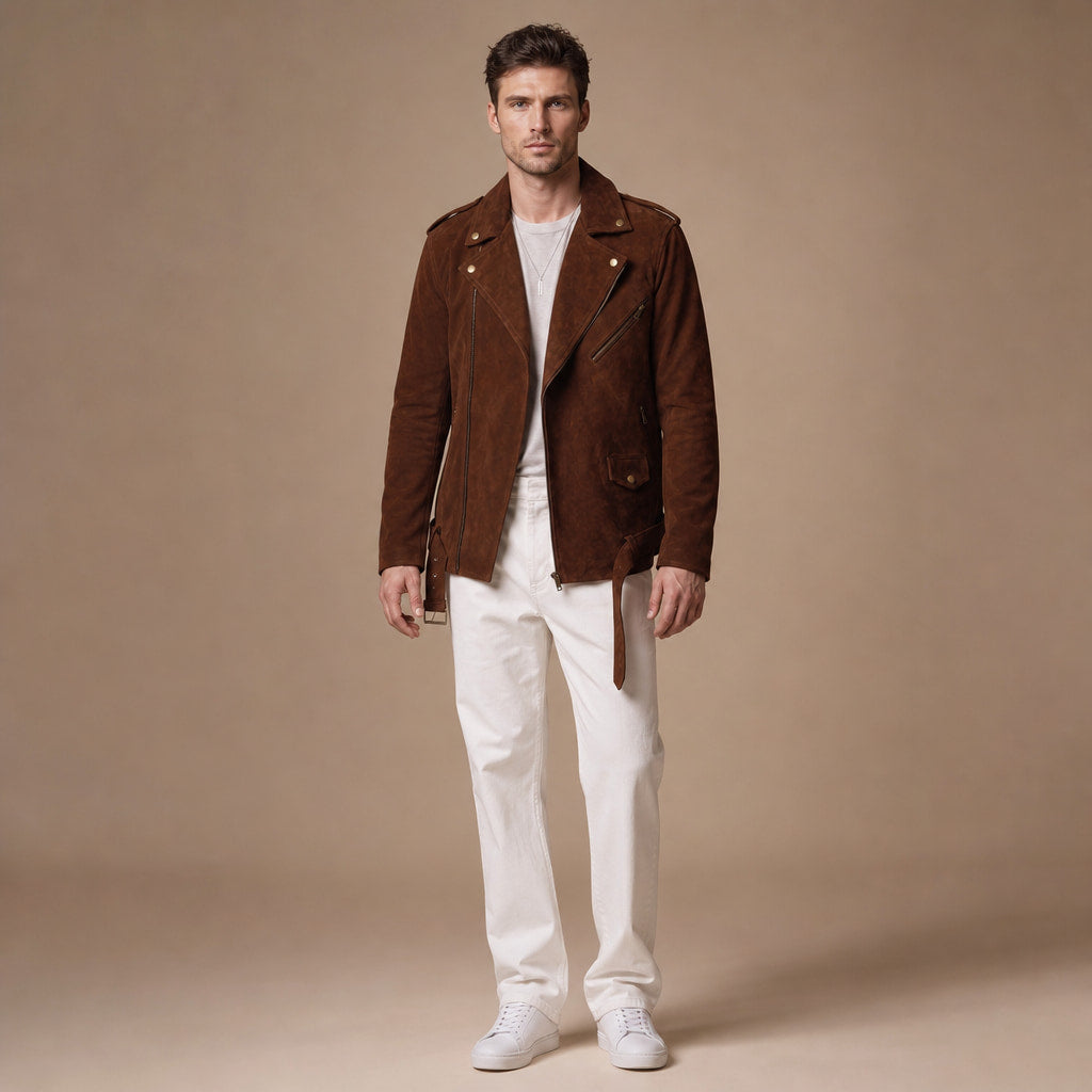 Loaded Dark Brown Suede Leather Biker Jacket For Men Brown – Full Look