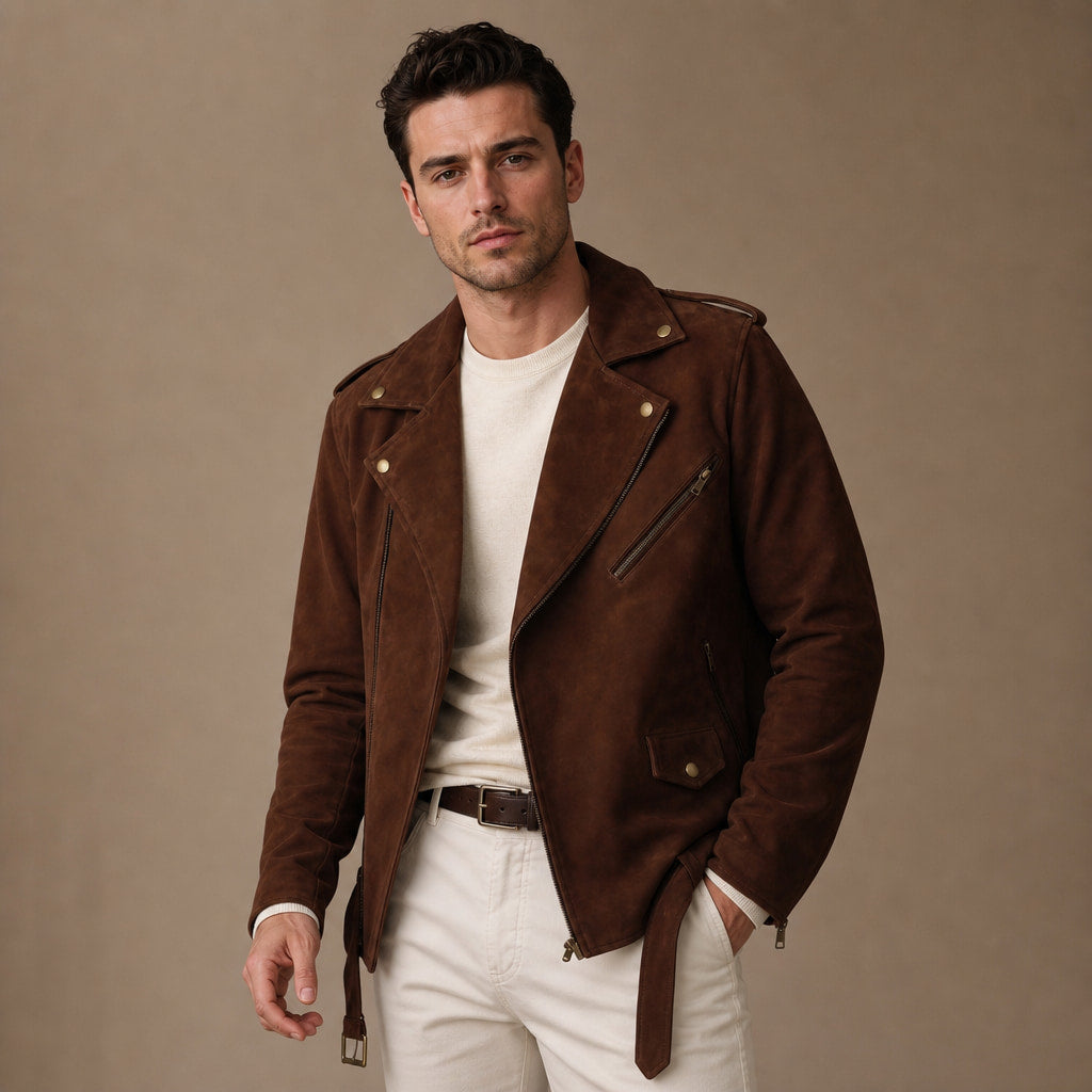 Loaded Dark Brown Suede Leather Biker Jacket For Men Brown – Product Photo