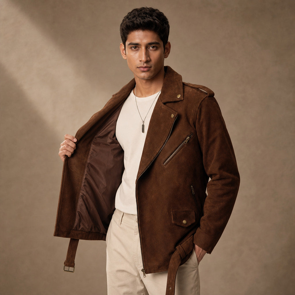 Loaded Dark Brown Suede Leather Biker Jacket For Men in Brown – Tarlano Premium Menswear