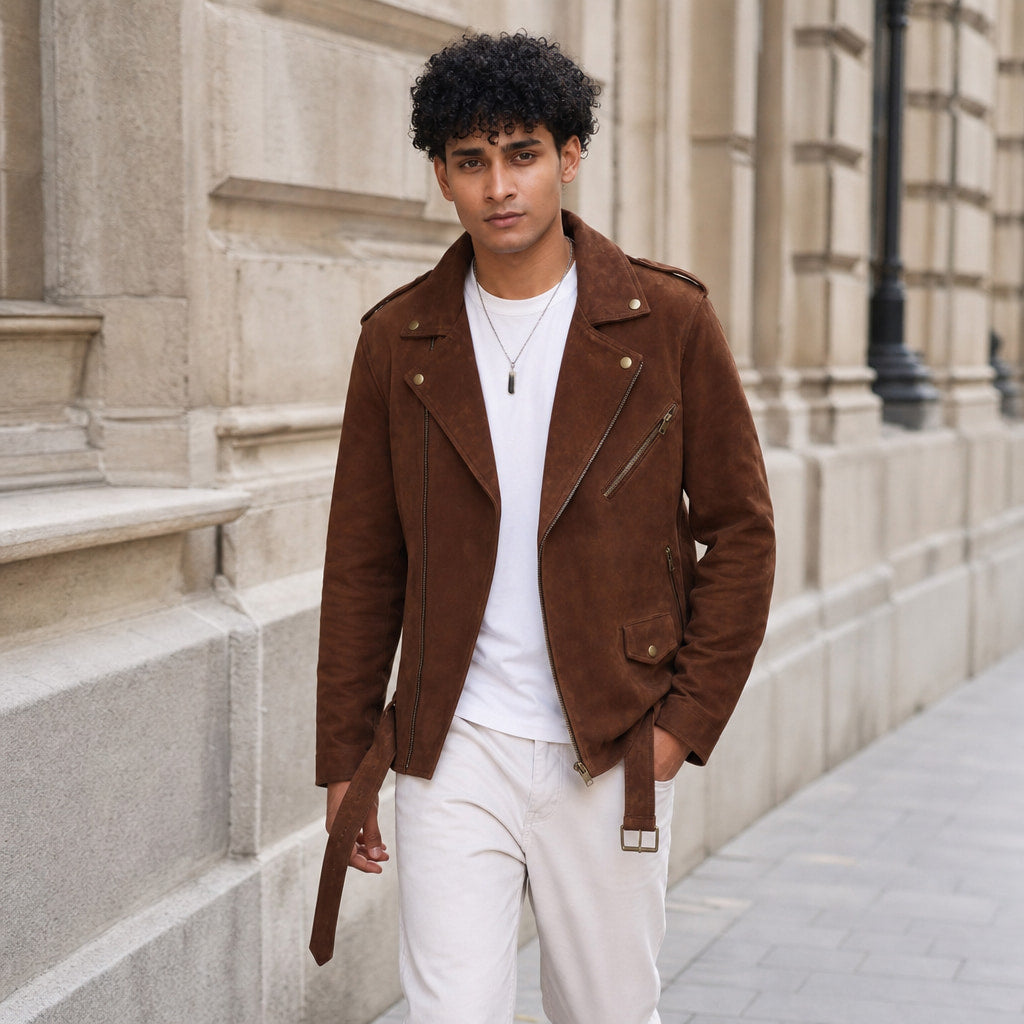 Loaded Dark Brown Suede Leather Biker Jacket For Men Brown – Styled Editorial Shot