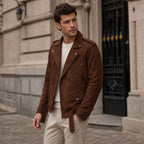 Loaded Dark Brown Suede Leather Biker Jacket For Men Brown – Styled Editorial Shot