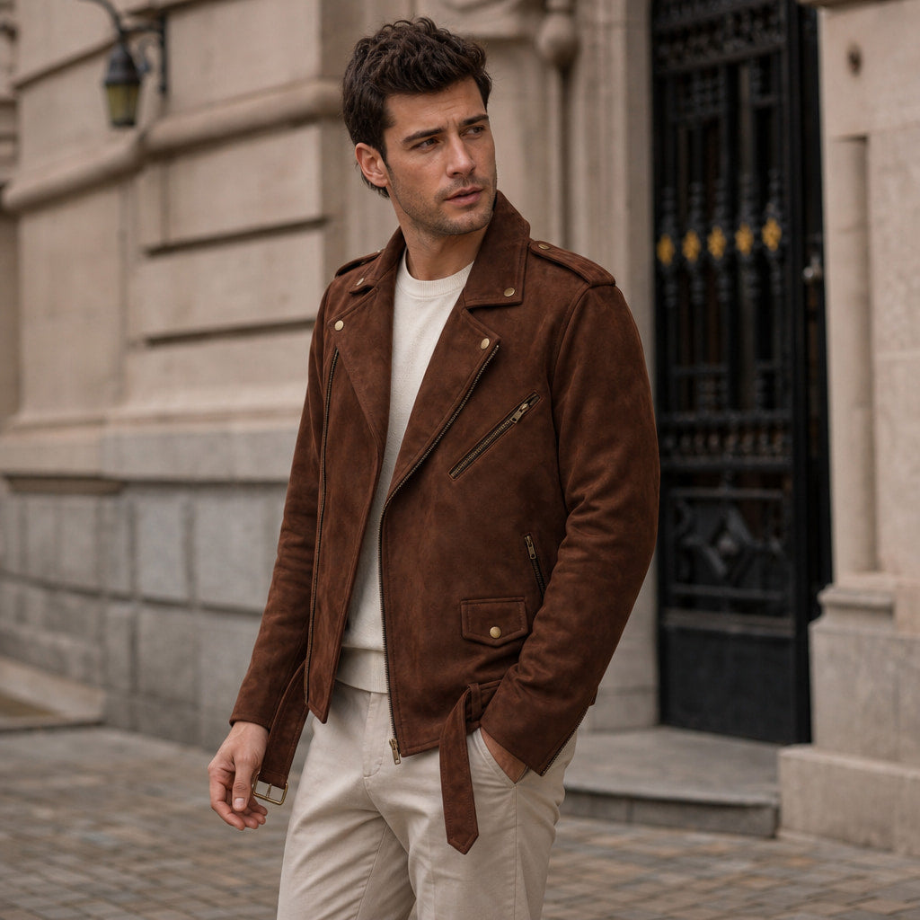 Loaded Dark Brown Suede Leather Biker Jacket For Men Brown – Styled Editorial Shot