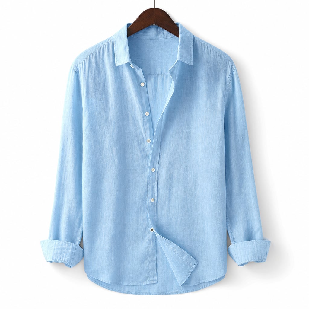 Long Sleeve Button Front Summer Shirt in Light Beige Blue – Product Photo