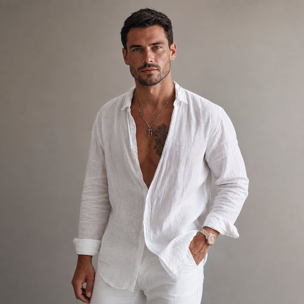 Long Sleeve Button Front Summer Shirt in Light Beige White – Side Angle View