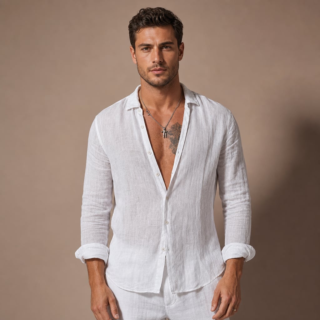 Long Sleeve Button Front Summer Shirt in Light Beige in White – Tarlano Premium Menswear