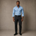 Long Sleeve Dress Shirt Pointed Collar Button Down in Black Blue – Product Photo