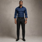 Long Sleeve Dress Shirt Pointed Collar Button Down in Black Dark Blue – Product Photo