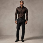 Long Sleeve Dress Shirt Pointed Collar Button Down in Black Dark Brown – Product Photo