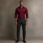 Long Sleeve Dress Shirt Pointed Collar Button Down in Black Dark Red – Product Photo