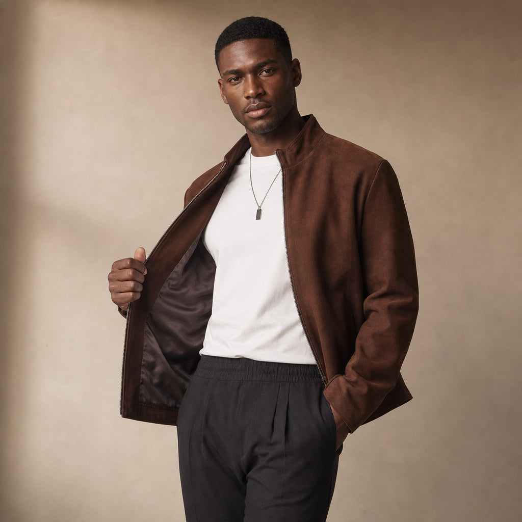 Mackenzie Dark Brown Suede Leather Biker Jacket For Men Brown – Side Angle View