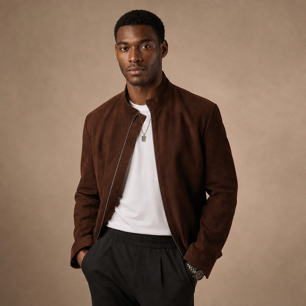Mackenzie Dark Brown Suede Leather Biker Jacket For Men Brown – Product Photo