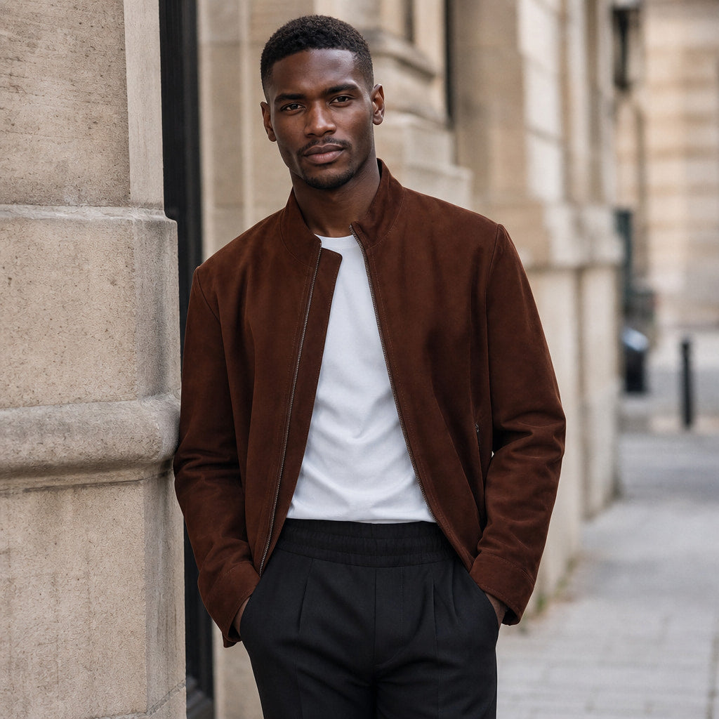 Mackenzie Dark Brown Suede Leather Biker Jacket For Men Brown – Styled Editorial Shot