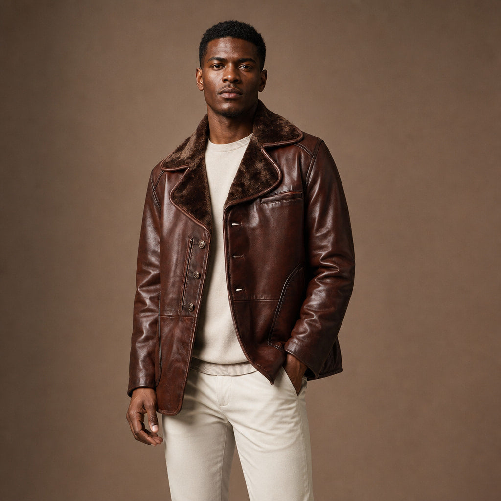 Mafia Dark Coffee Brown Single-Breasted Shearling Leather Pea Coat For Men Brown – Side Angle View
