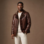 Mafia Dark Coffee Brown Single-Breasted Shearling Leather Pea Coat For Men Brown – Side Angle View
