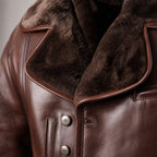 Mafia Dark Coffee Brown Single-Breasted Shearling Leather Pea Coat For Men Brown – Fabric and Detail Close-Up