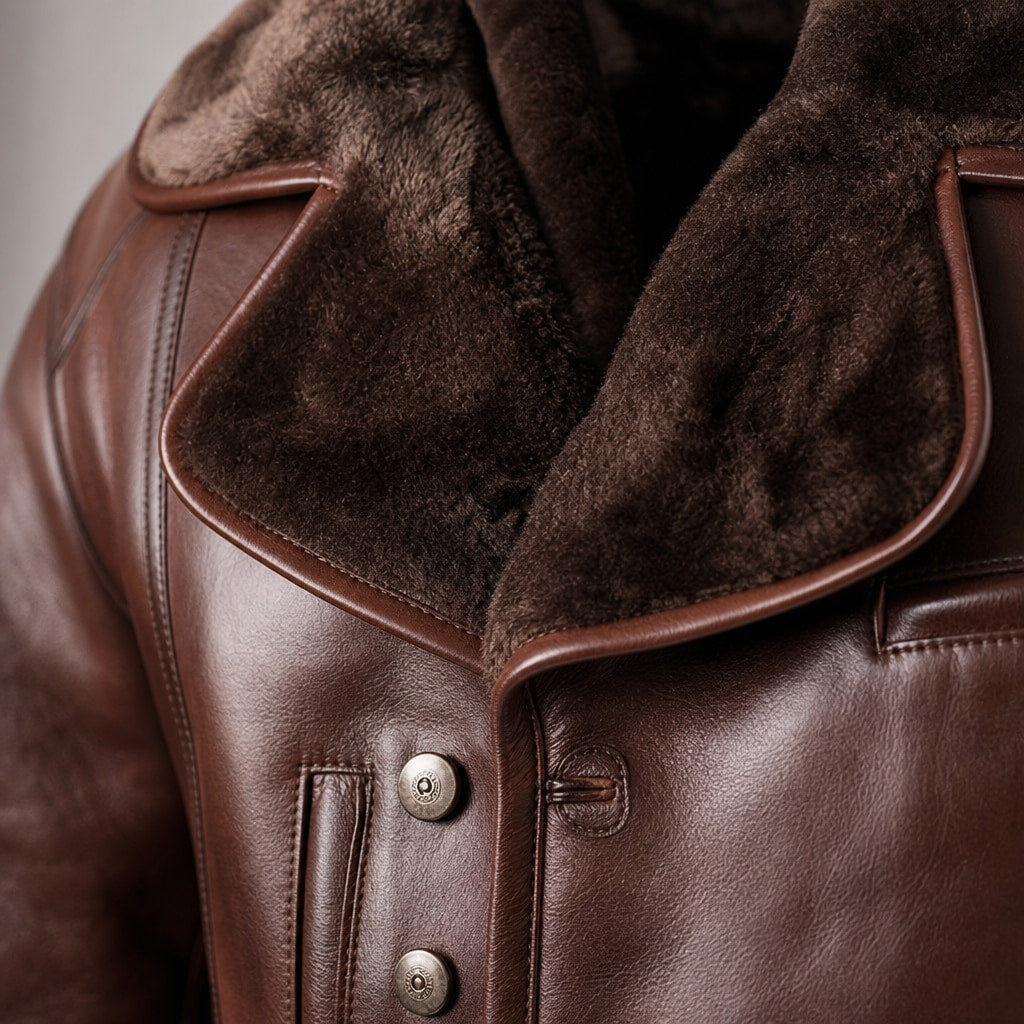 Mafia Dark Coffee Brown Single-Breasted Shearling Leather Pea Coat For Men Brown – Fabric and Detail Close-Up