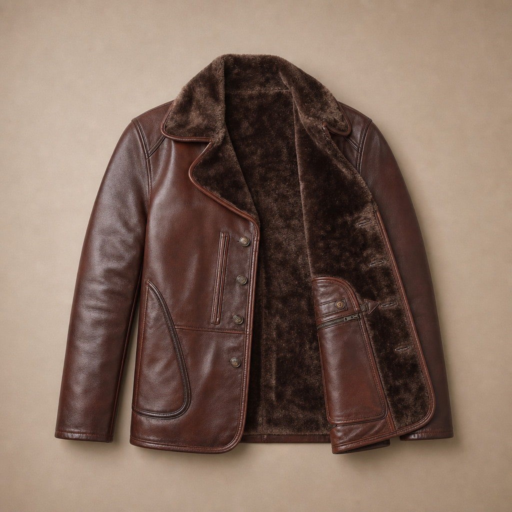 Mafia Dark Coffee Brown Single-Breasted Shearling Leather Pea Coat For Men Brown – Flat Lay Product Photo