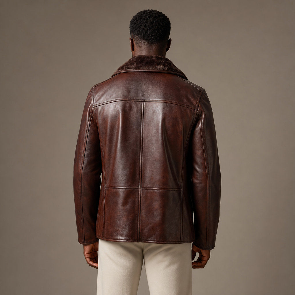 Mafia Dark Coffee Brown Single-Breasted Shearling Leather Pea Coat For Men Brown – Full Look