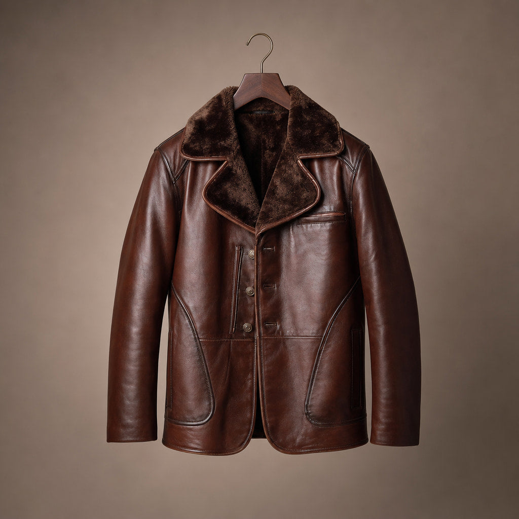 Mafia Dark Coffee Brown Single-Breasted Shearling Leather Pea Coat For Men Brown – Product Photo