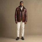 Mafia Dark Coffee Brown Single-Breasted Shearling Leather Pea Coat For Men in Brown – Tarlano Premium Menswear