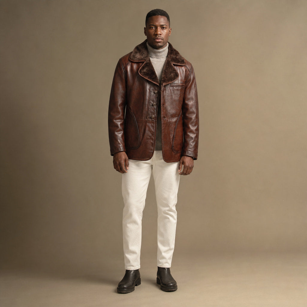 Mafia Dark Coffee Brown Single-Breasted Shearling Leather Pea Coat For Men in Brown – Tarlano Premium Menswear