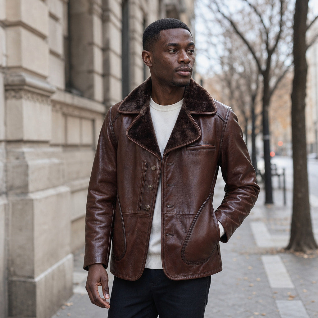 Mafia Dark Coffee Brown Single-Breasted Shearling Leather Pea Coat For Men Brown – Styled Editorial Shot