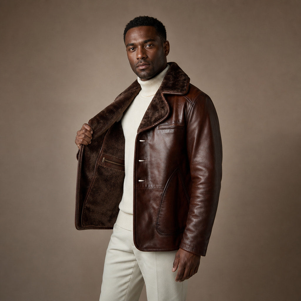 Mafia Dark Coffee Brown Single-Breasted Shearling Leather Pea Coat For Men Brown – Interior Lining Detail