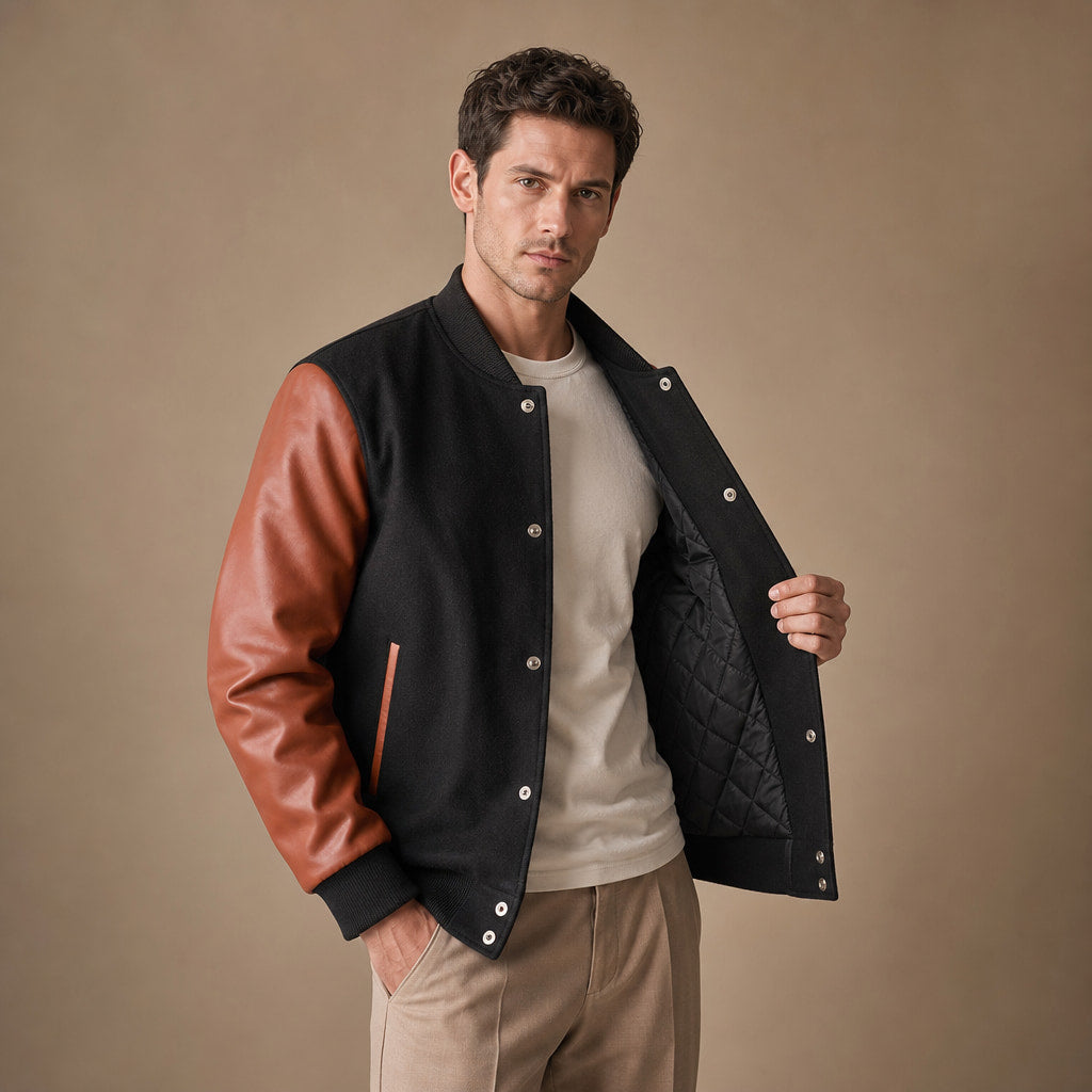 Magnus Black and Sienna Brown Varisty Wool Leather Jacket For Men Black – Side Angle View