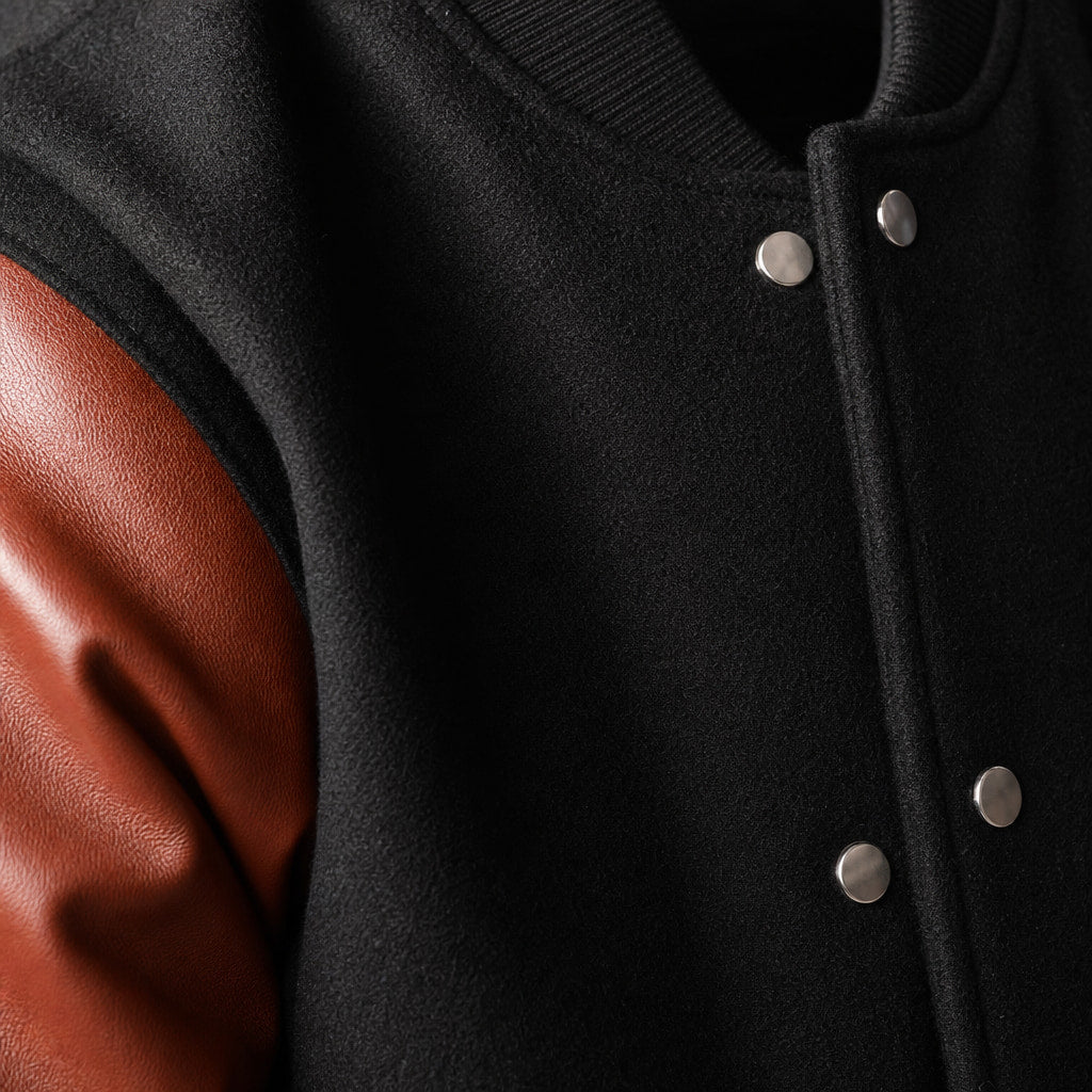 Magnus Black and Sienna Brown Varisty Wool Leather Jacket For Men Black – Fabric and Detail Close-Up
