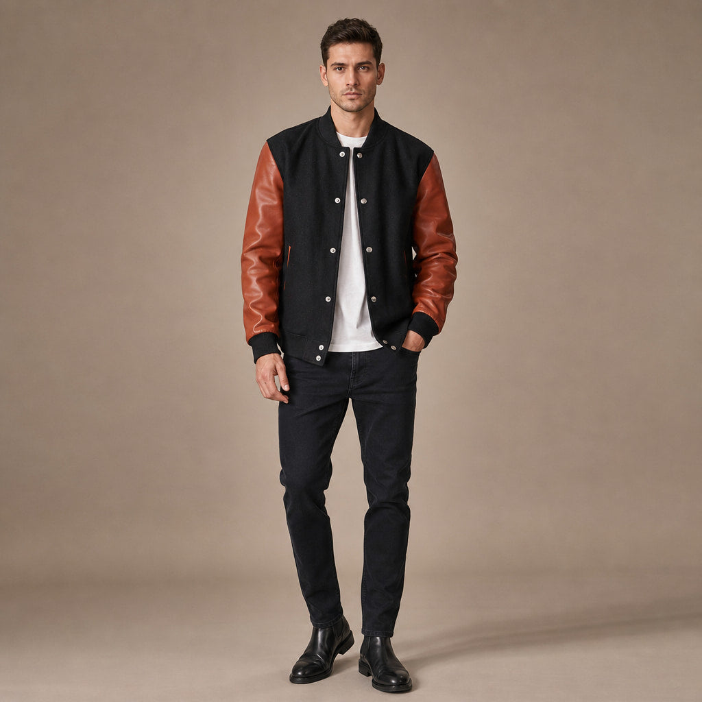 Magnus Black and Sienna Brown Varisty Wool Leather Jacket For Men Black – Full Look
