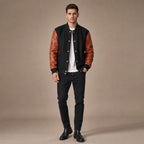 Magnus Black and Sienna Brown Varisty Wool Leather Jacket For Men Black – Full Look