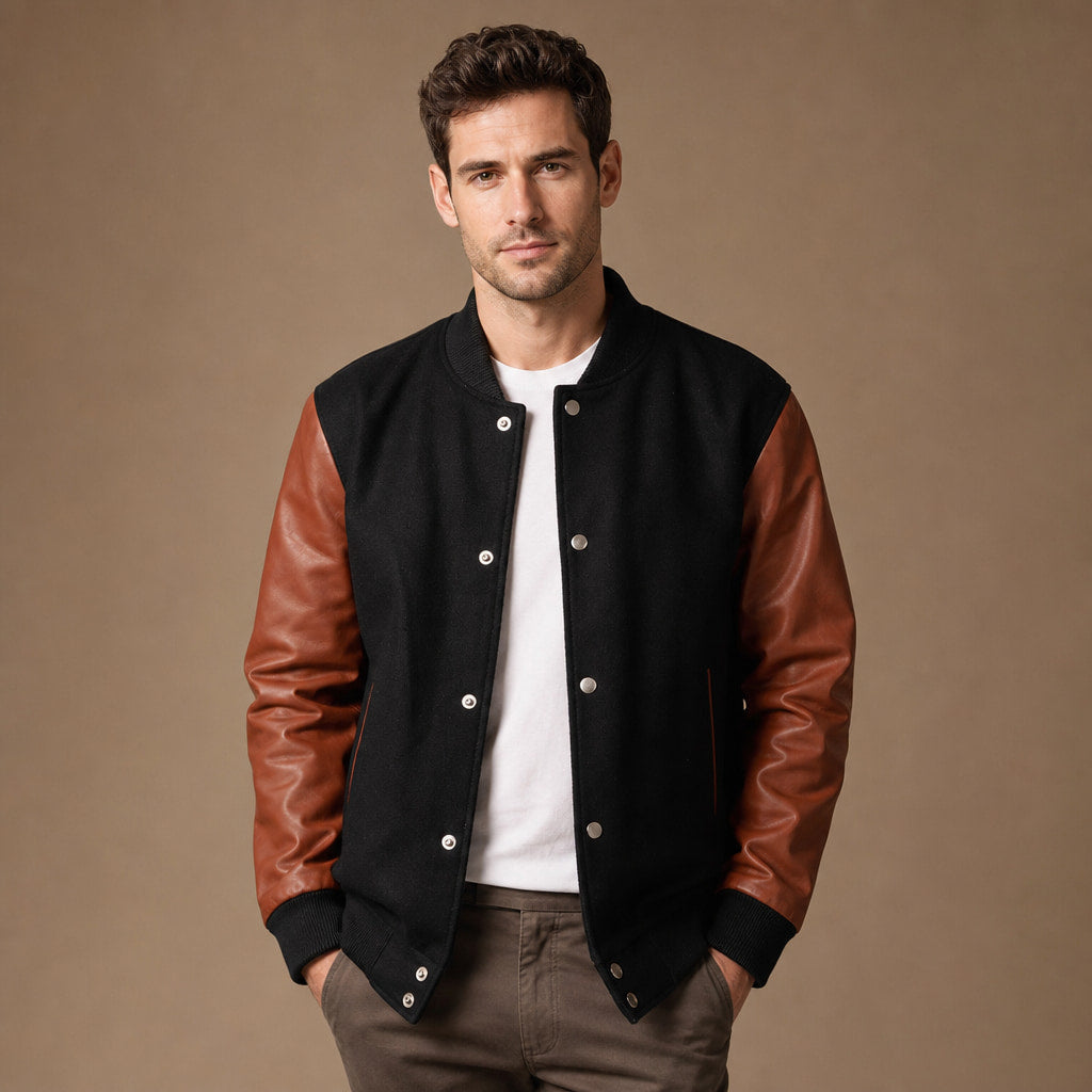 Magnus Black and Sienna Brown Varisty Wool Leather Jacket For Men Black – Product Photo