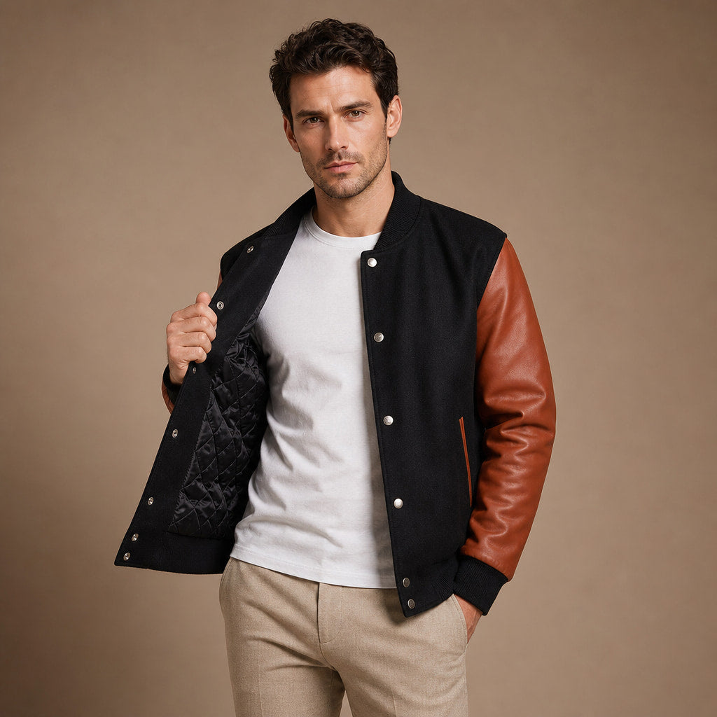 Magnus Black and Sienna Brown Varisty Wool Leather Jacket For Men in Black – Tarlano Premium Menswear
