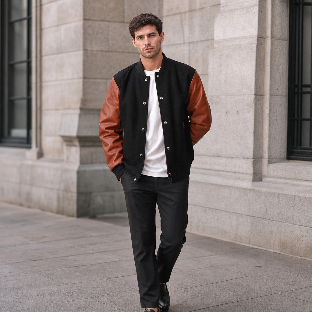 Magnus Black and Sienna Brown Varisty Wool Leather Jacket For Men Black – Styled Editorial Shot