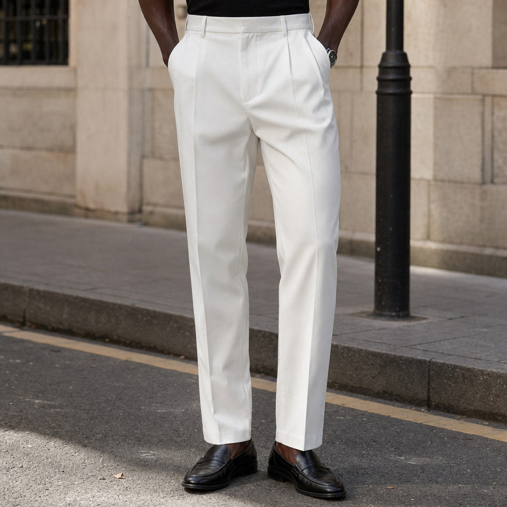 Dress Pants Pleated Front Regular Fit Ivory – Styled Editorial Shot