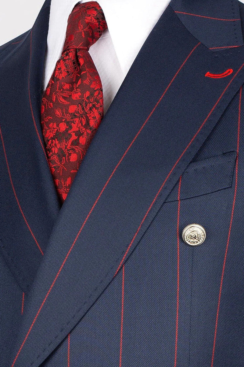 Marrick | Double Breasted Suit Red Pinstripe Sapphire Blue – Styled Editorial Shot