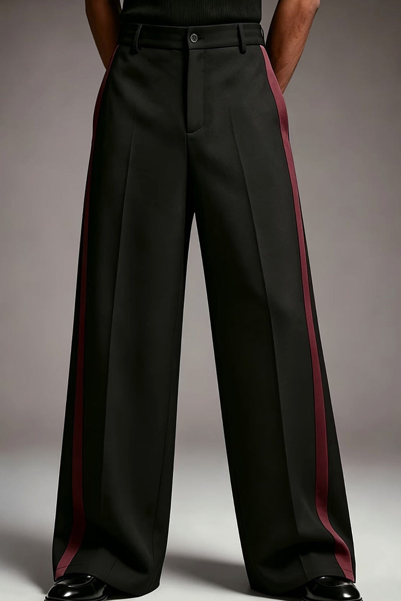 Marsden | Wide Leg Trousers Burgundy Side Stripe – Styled Editorial Shot