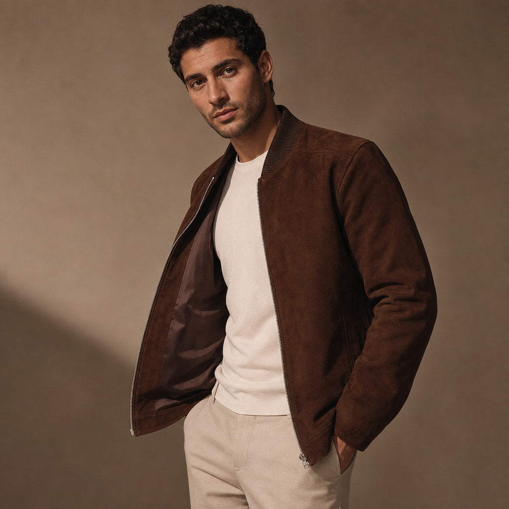 Marvin Dark Brown Suede Leather Bomber Jacket For Men Brown – Side Angle View