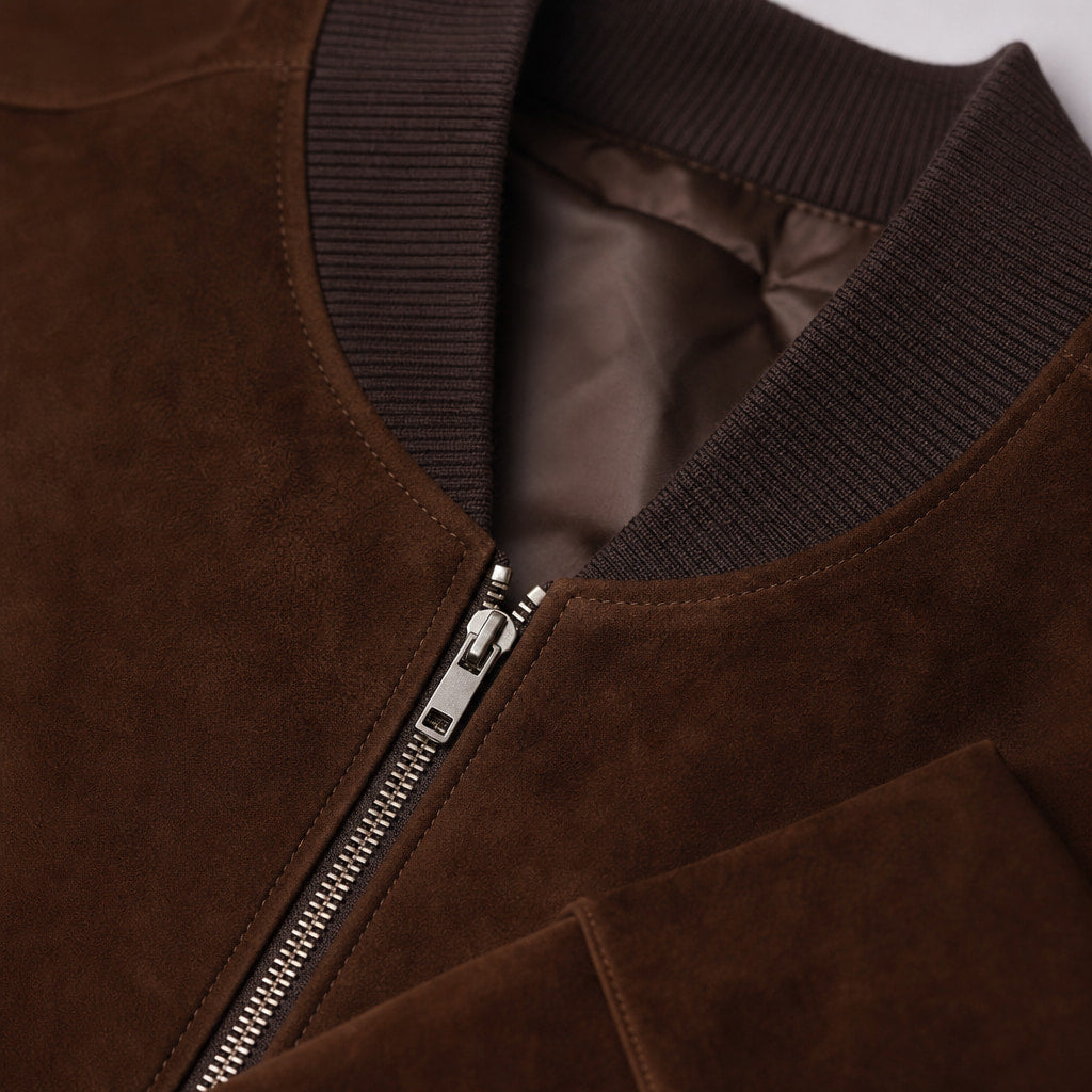 Marvin Dark Brown Suede Leather Bomber Jacket For Men Brown – Fabric and Detail Close-Up