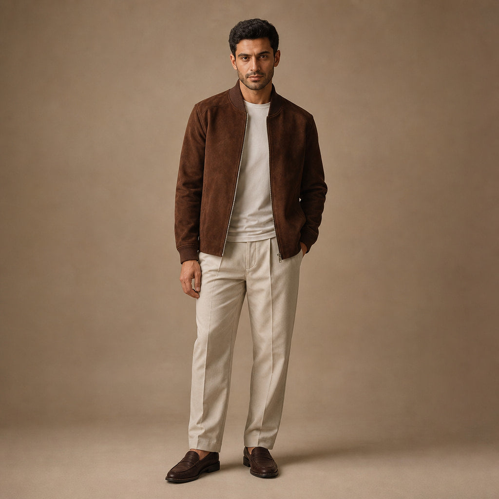Marvin Dark Brown Suede Leather Bomber Jacket For Men Brown – Full Look