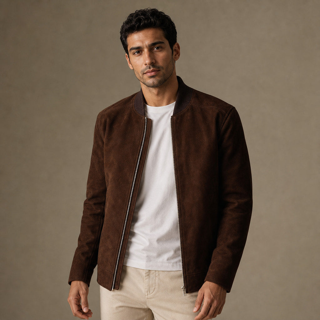 Marvin Dark Brown Suede Leather Bomber Jacket For Men Brown – Product Photo