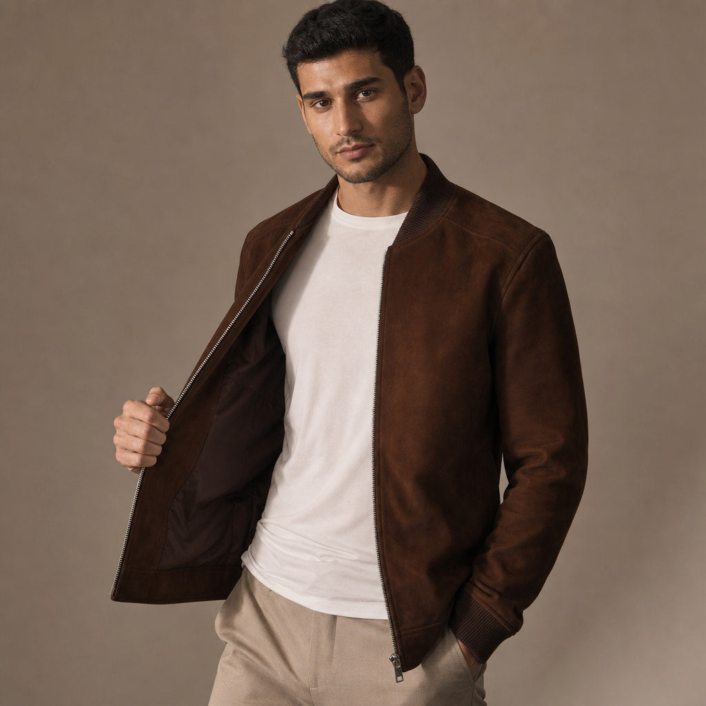 Marvin Dark Brown Suede Leather Bomber Jacket For Men in Brown – Tarlano Premium Menswear