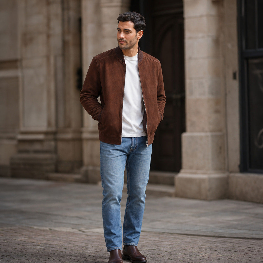 Marvin Dark Brown Suede Leather Bomber Jacket For Men Brown – Styled Editorial Shot