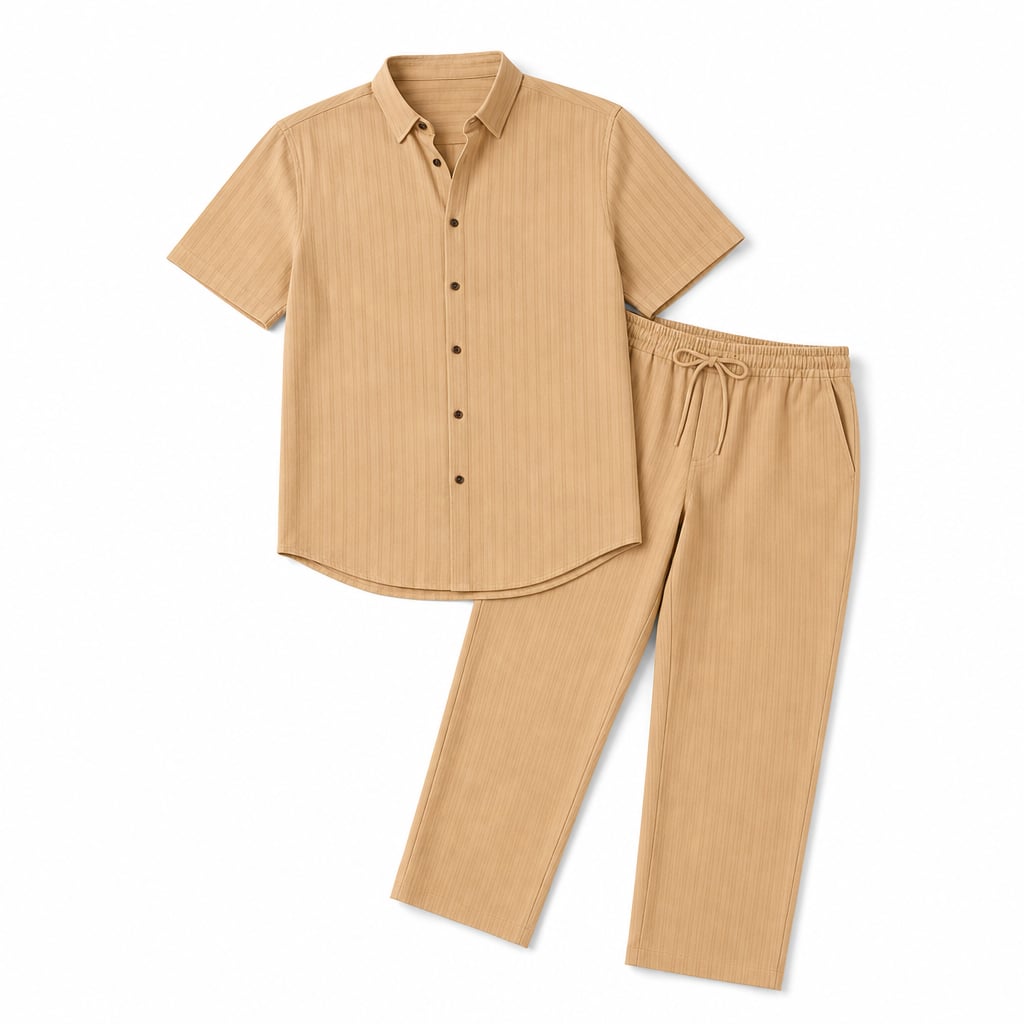 Matching Set Men Ribbed Short Sleeve Shirt Drawstring Trousers Apricot – Product Photo