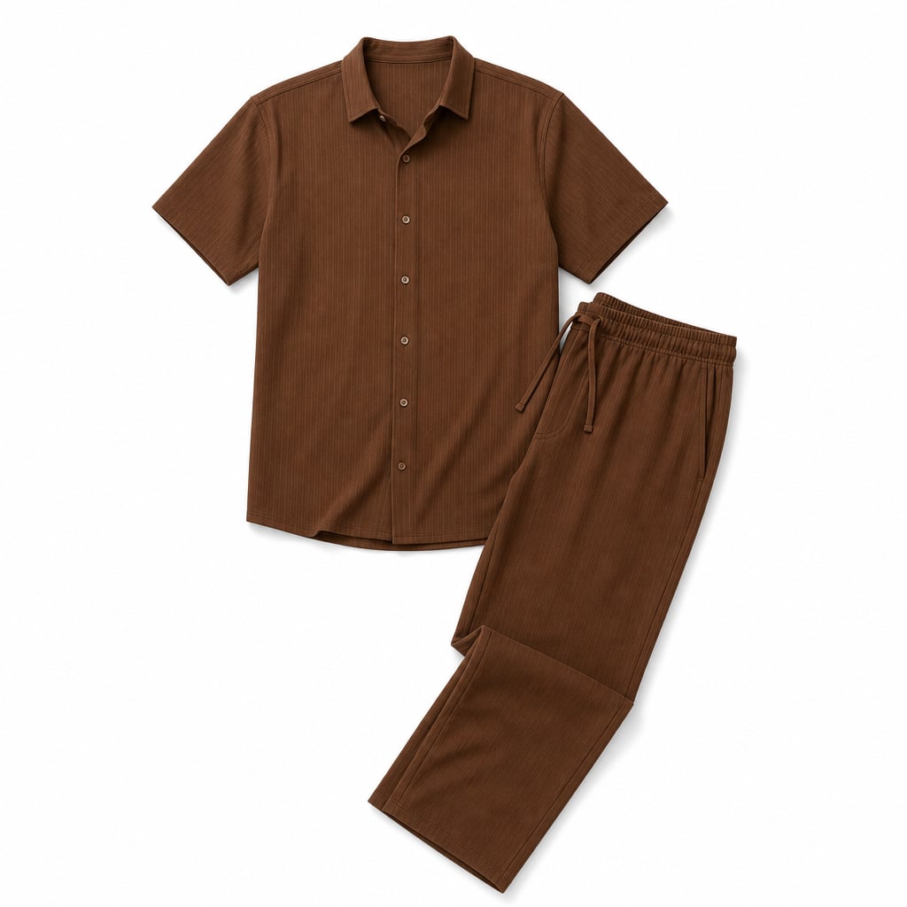 Matching Set Men Ribbed Short Sleeve Shirt Drawstring Trousers Brown – Product Photo