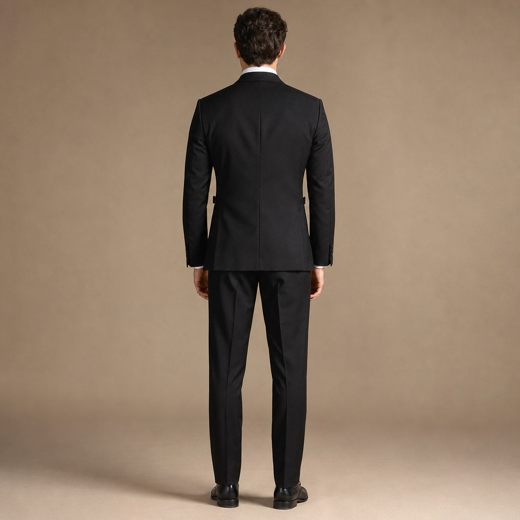 Men's 3-Piece Vested Suit Notch Lapel Single Pleat Pants Black Black – Side Angle View