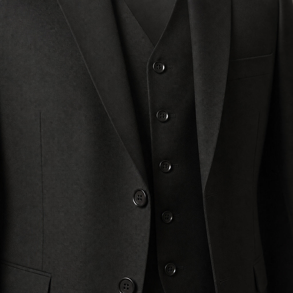 Men's 3-Piece Vested Suit Notch Lapel Single Pleat Pants Black Black – Fabric and Detail Close-Up