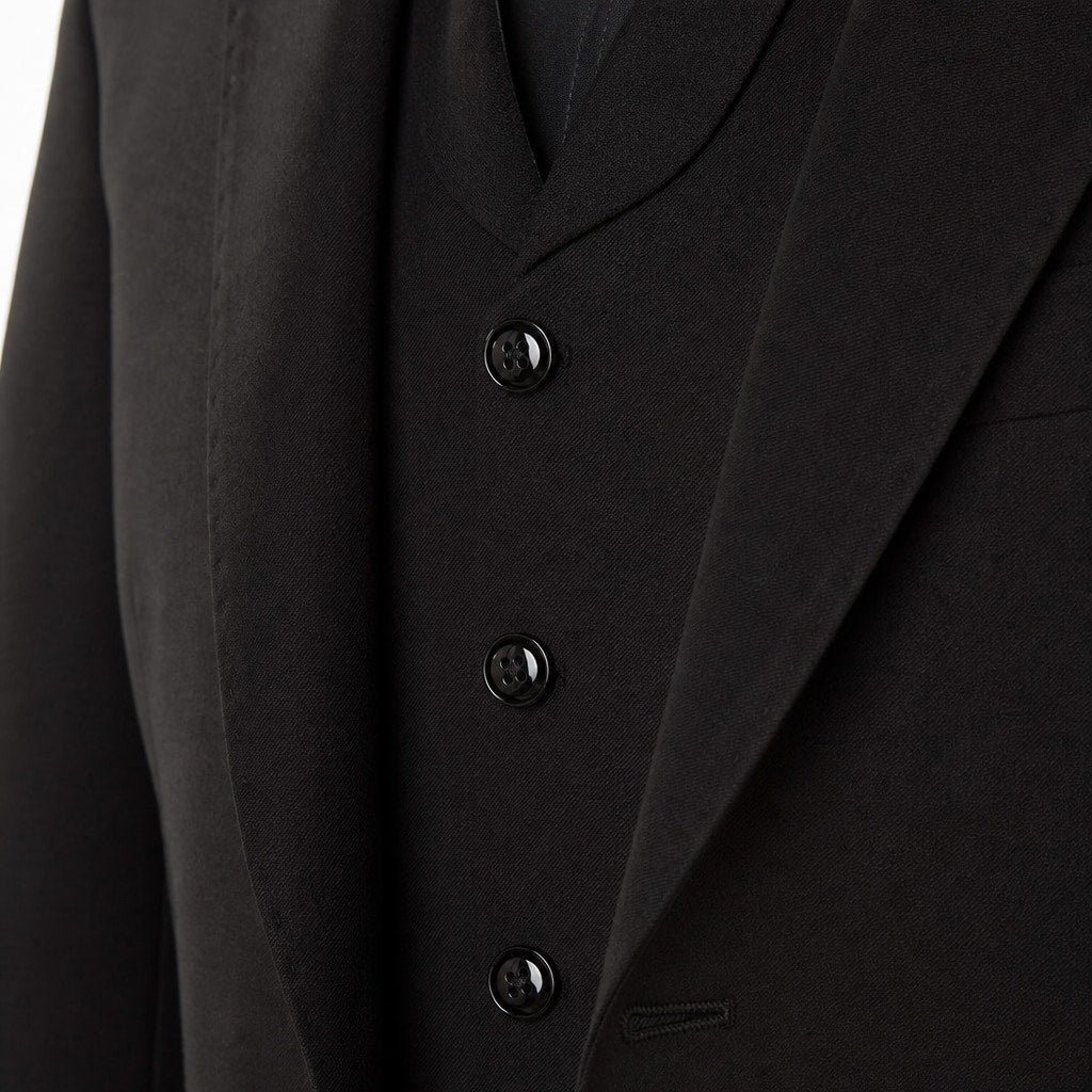 Men's 3-Piece Vested Suit Notch Lapel Single Pleat Pants Black Black – Fabric and Detail Close-Up