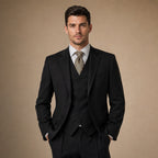 Men's 3-Piece Vested Suit Notch Lapel Single Pleat Pants Black Black – Full Look